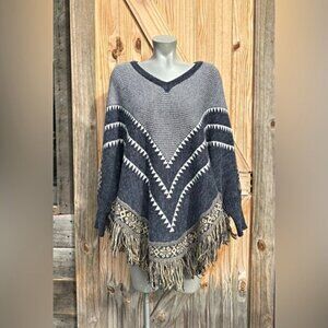 Papillon Blue Chevron Acrylic Boho Fringe Sleeve Poncho~S/M~